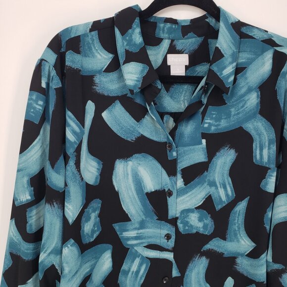 Chico's‎ Abstract Print Button Down Blouse Top 20 Long Sleeve  Blue Black - Picture 4 of 7